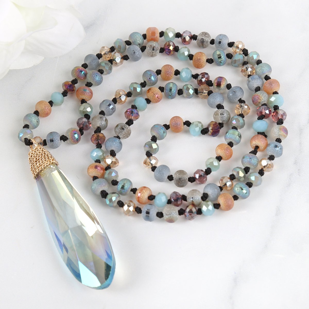 Riah Fashion - Teardrop Glass Rondelle Bead Necklace - 5 COLORS