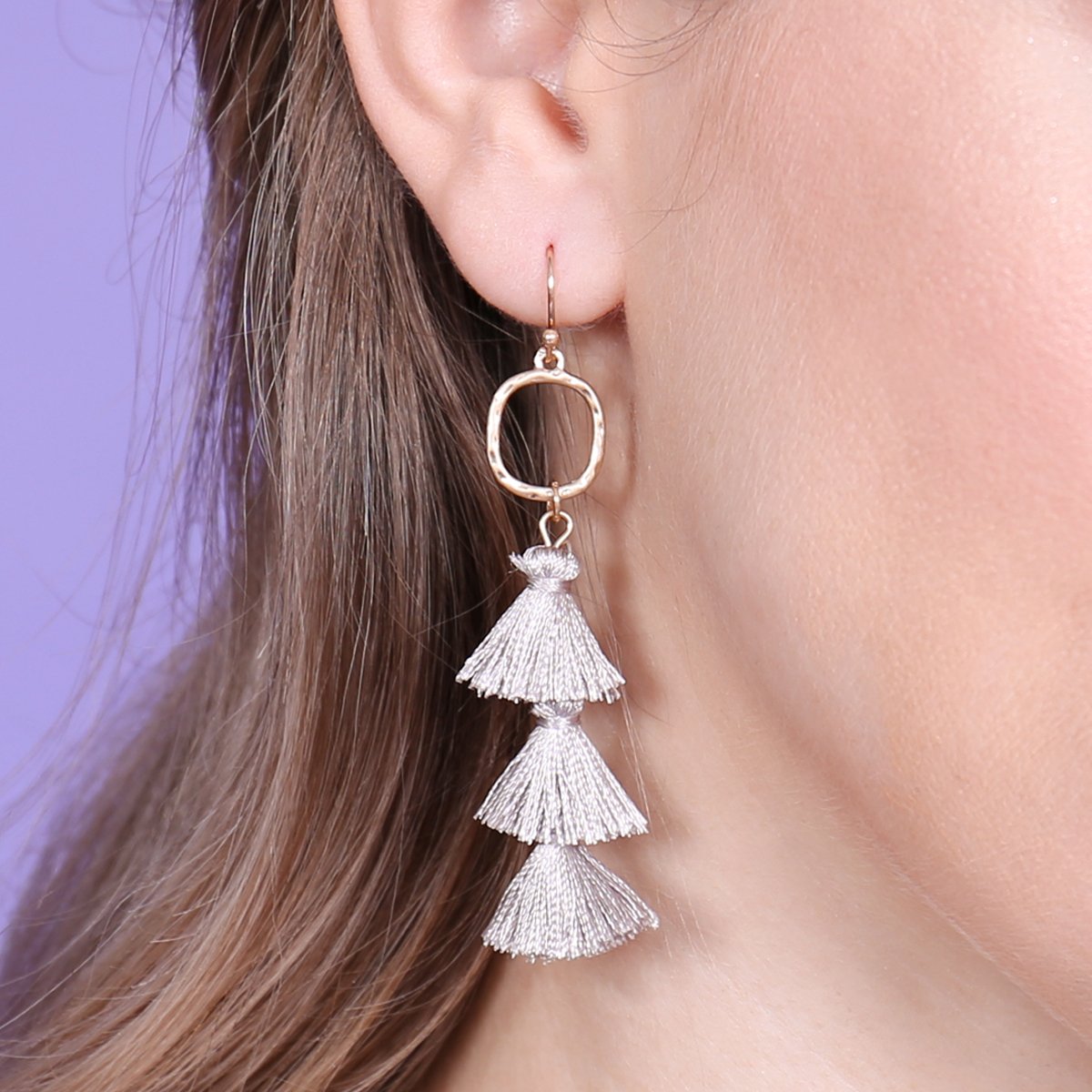 Three Drop Tassel With Metal Hook Earrings - 11 COLORS -