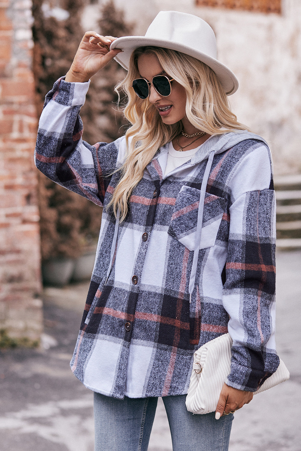 Plaid Dropped Shoulder Hooded Jacket - T - 5 COLORS -