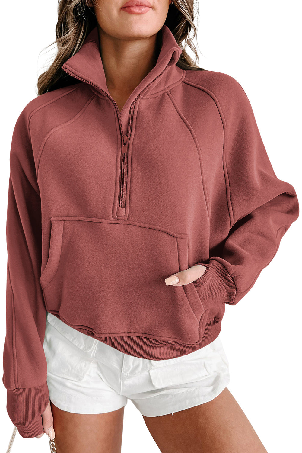 Threaded Pear - Vivienne Zip Up Stand Collar Ribbed Thumbhole Sleeve Sweatshirt - 2 COLORS -