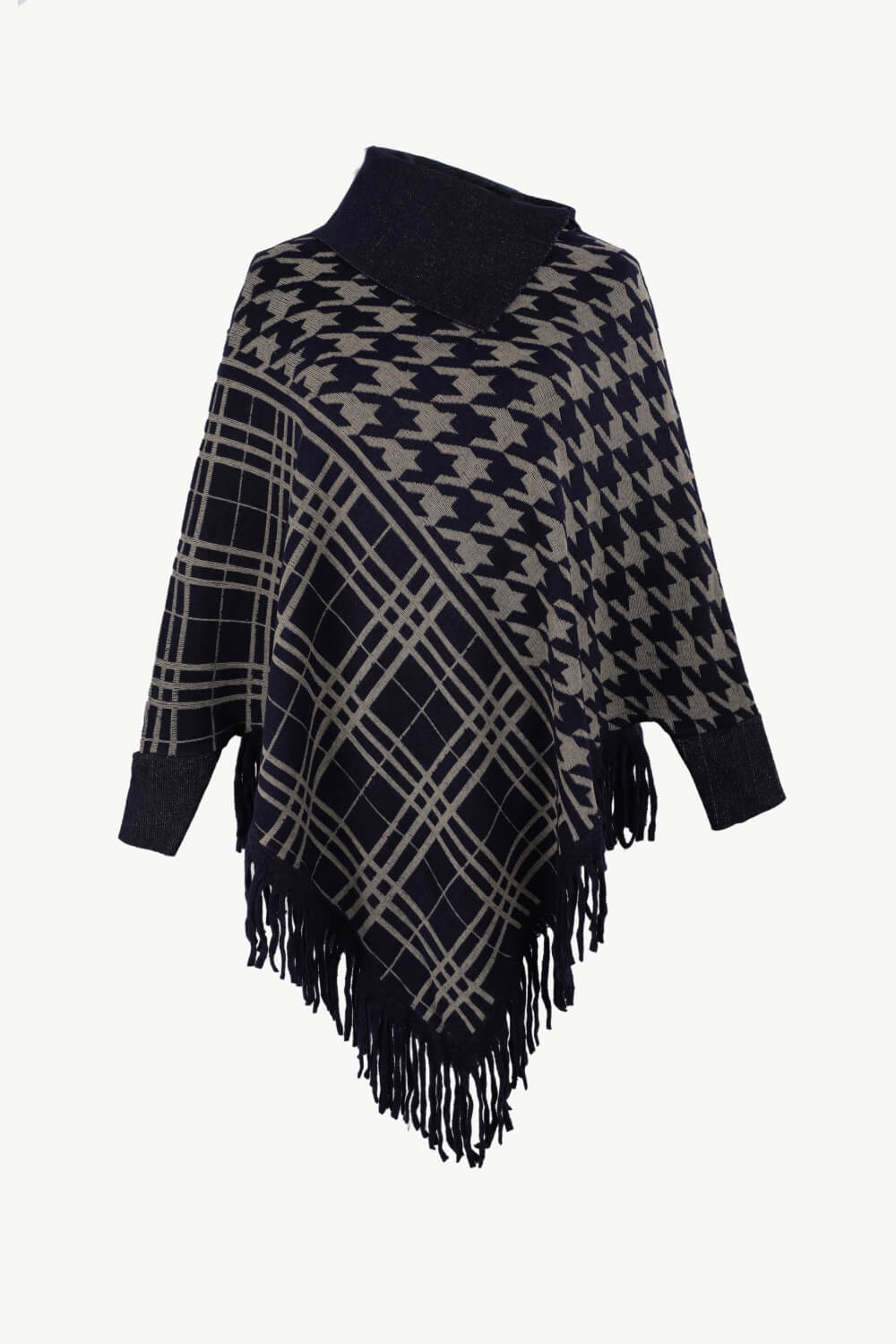 Houndstooth Turtleneck Fringe Hem Poncho - T - 5 COLORS -