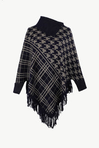 Thumbnail for Houndstooth Turtleneck Fringe Hem Poncho - T - 5 COLORS -