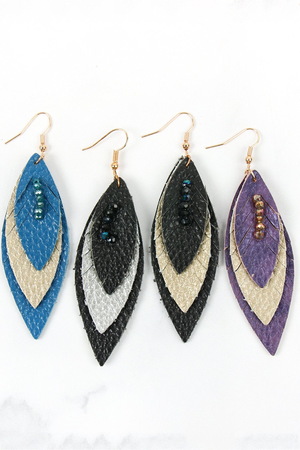 Three Layer Fringe Leather Marquise Earrings - 14 COLORS -