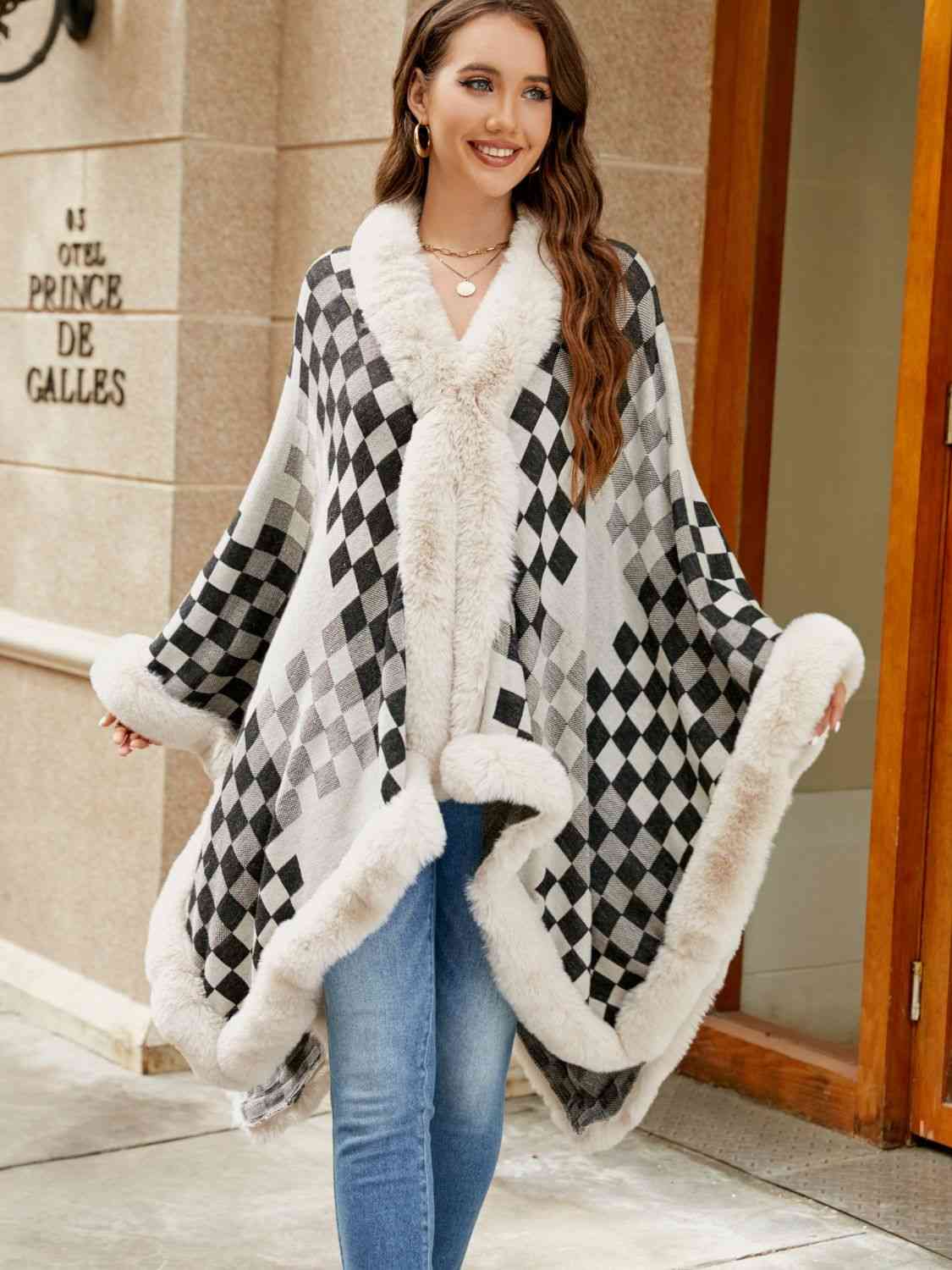 Checkered Faux Fur Trim Poncho - T - 5 COLORS -