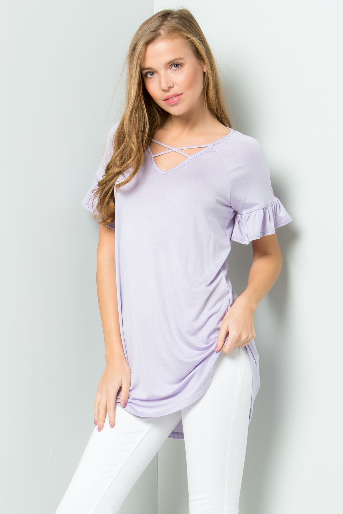 Ruffle Sleeve Criss Cross Tunic - 8 COLORS -