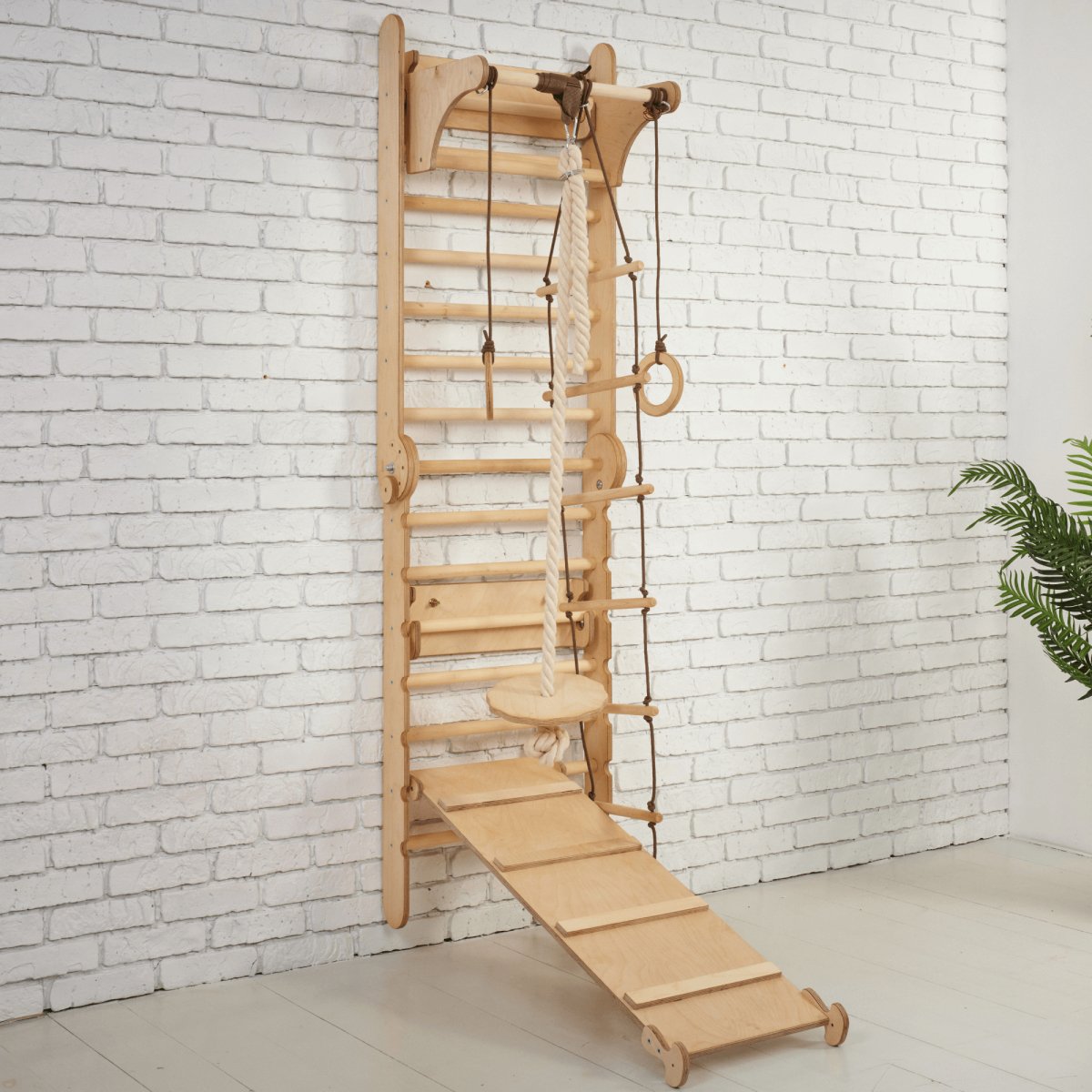 3in1: Wooden Swedish Wall / Climbing Ladder for Children + Swing Set + Slide Board