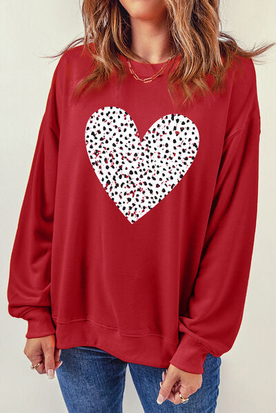 Heart Round Neck Dropped Shoulder Sweatshirt - T - 1 COLOR -