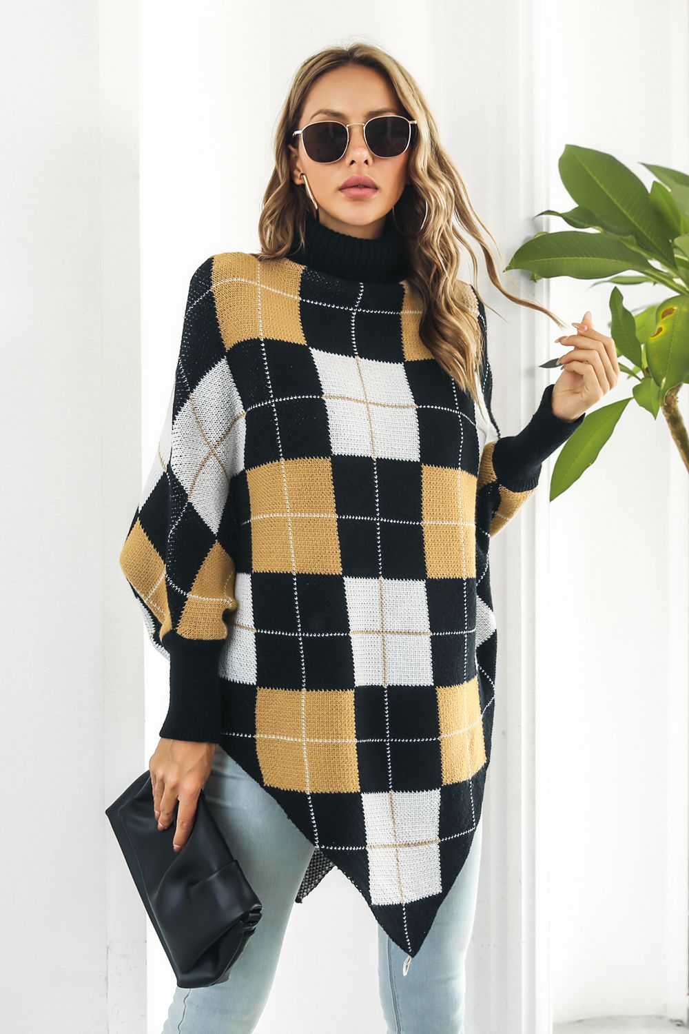 Plaid Turtleneck Dolman Sleeve Poncho - T - 1 COLOR -