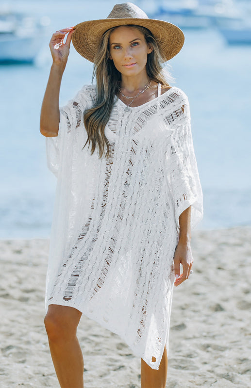 White Knit Hollow-out Beach Cover up Dolman Sleeves Side Slits Dress - K - 1 SIZE FITS ALL - 1 COLOR -