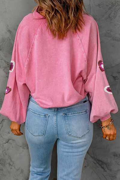 Heart Sequin Half Snap Mineral Wash Sweatshirt - T - 1 COLOR -