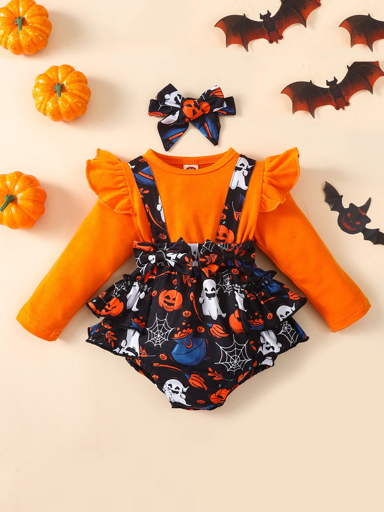 Printed Round Neck Long Sleeve Bodysuit with Headband - 2 PCS. - T - 2 COLORS -