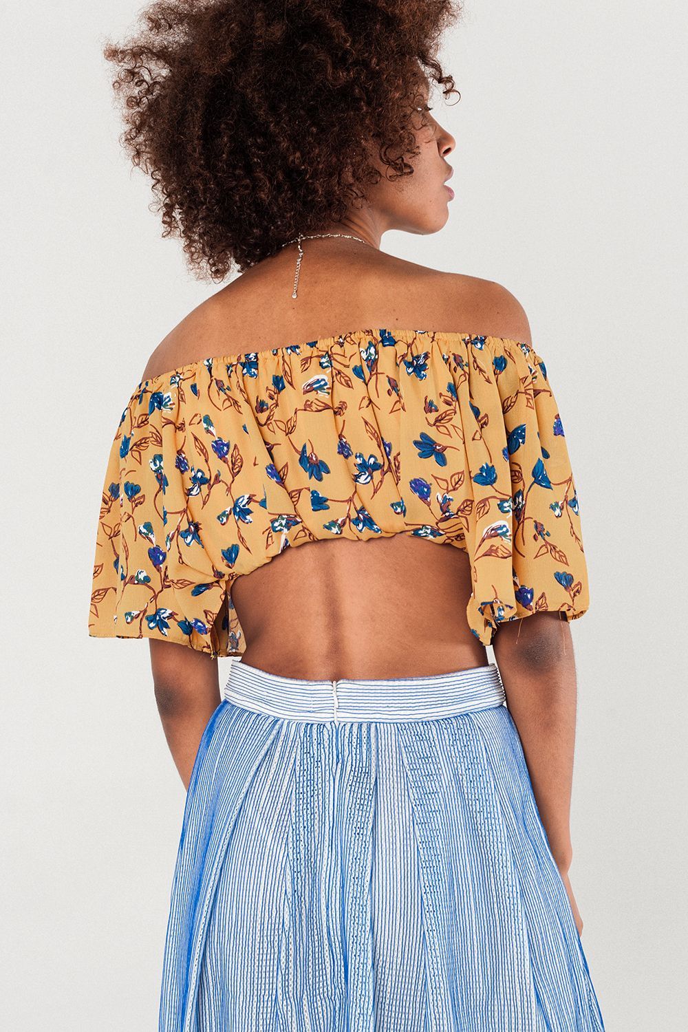 Q2 - Off Shoulder Floral Crop Top in Mustard - 1 COLOR -