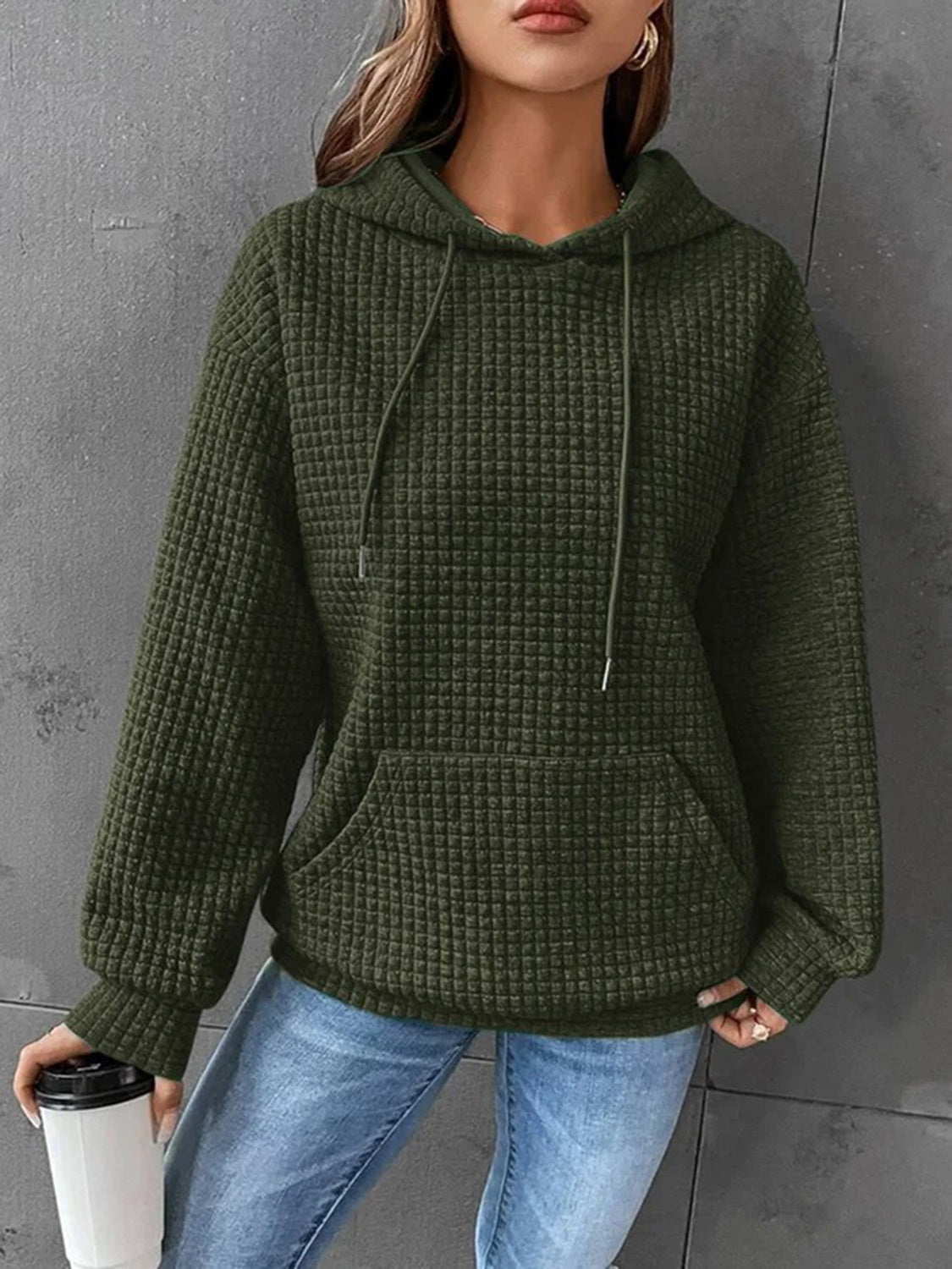 Textured Drawstring Drop Shoulder Hoodie - T - 10 COLORS -