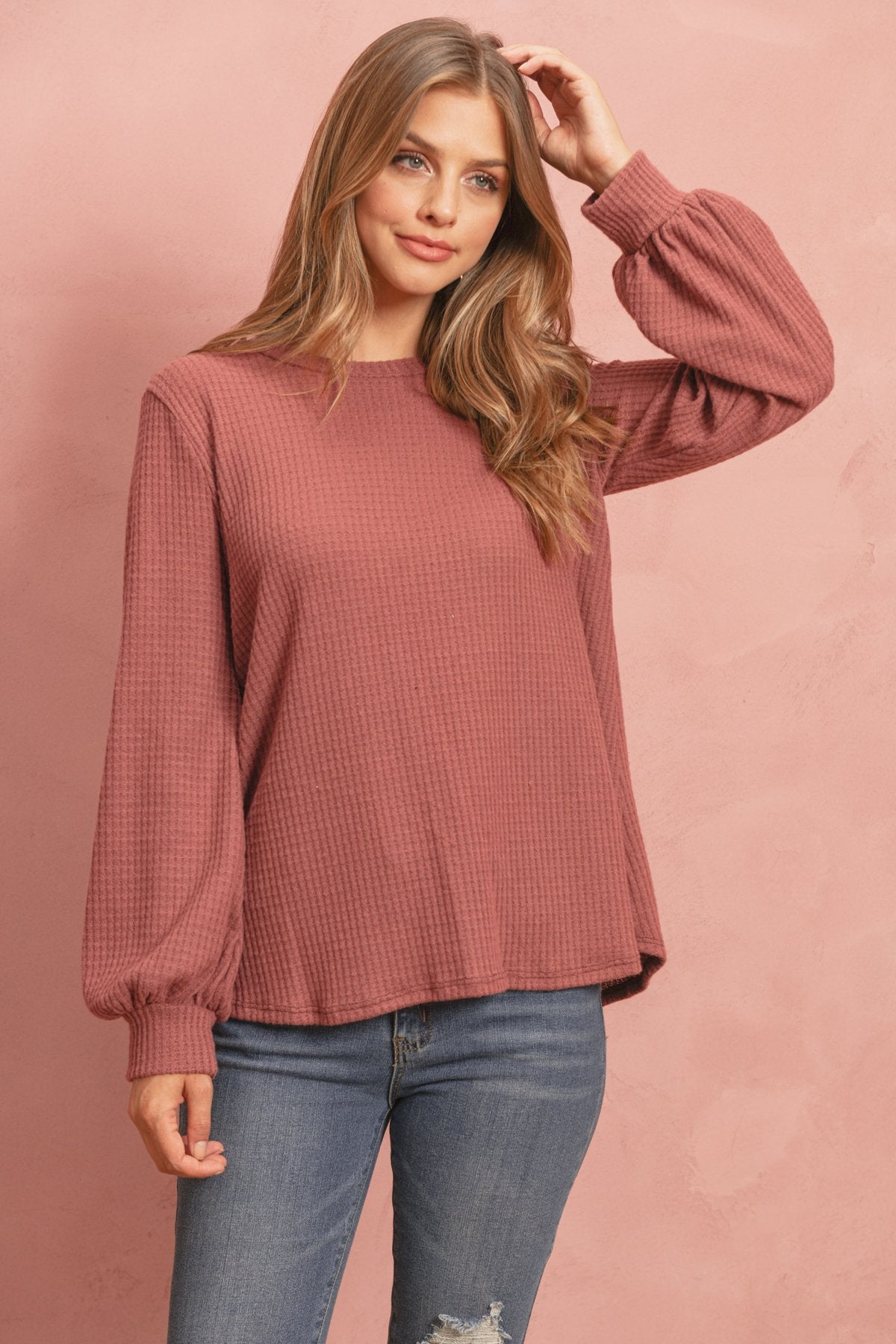 Riah Fashion - Puff Sleeved Waffle Top - 9 COLORS -