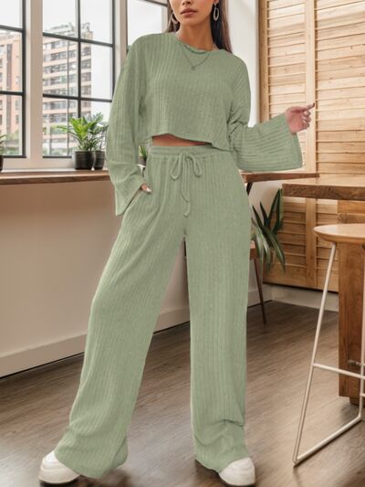 Ribbed Round Neck Top and Drawstring Pants Set - 2 PCS. - T - 7 COLORS -