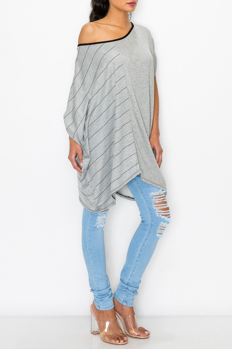 Stylespect - Stripe and Solid Contrast Oversized Top - Grey - 1 COLOR -