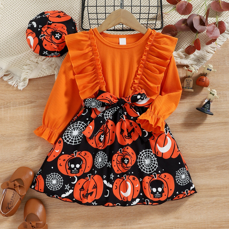 Round Neck Ruffle Trim Halloween Theme Dress - SIZES 4T THRU 7 - T - 1 COLOR -