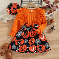 Thumbnail for Round Neck Ruffle Trim Halloween Theme Dress - SIZES 4T THRU 7 - T - 1 COLOR -