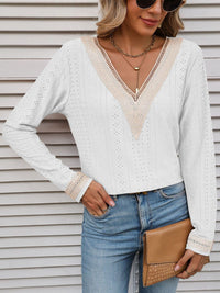 Thumbnail for Contrast V-Neck Eyelet Long Sleeve Top - T - 7 COLORS -