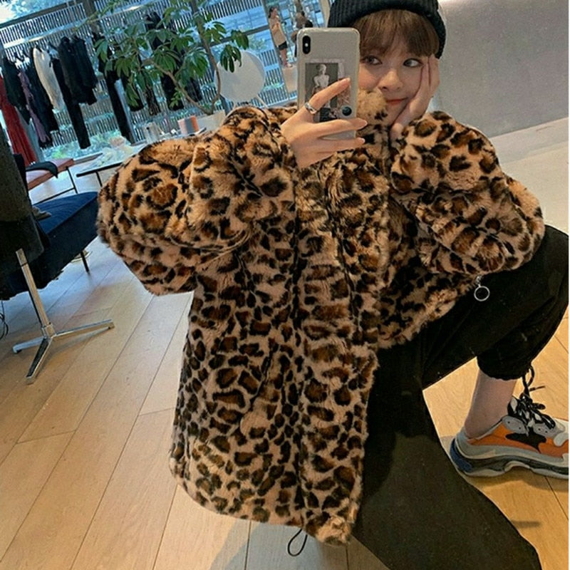 Sharon Tatem - Winter Leopard Print - Stand Collar - Warm Parka - Loose Faux Fur -