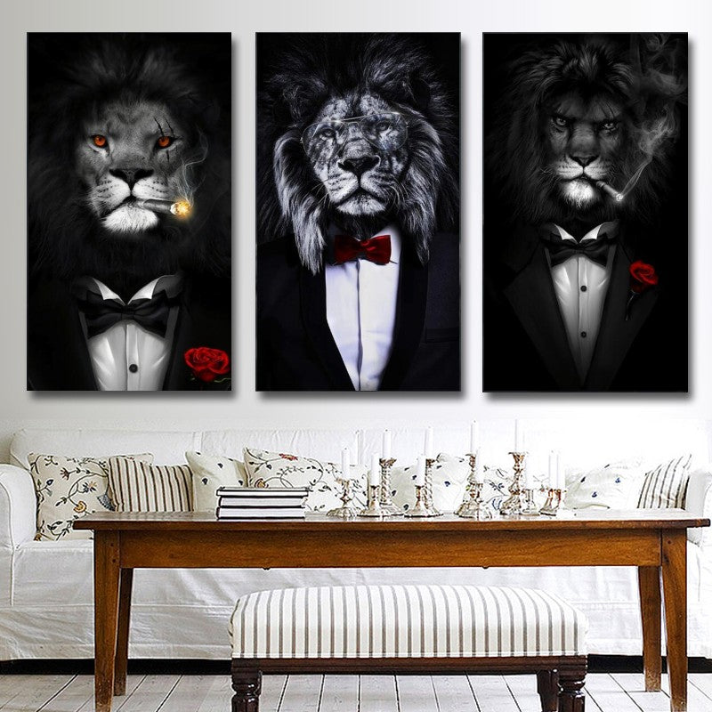 Gentry Black Lion Smoking a Cigar Canvas Paintings Wall Art- Lions in a Suit Canvas Art Posters  - [7-12 DAY DELIVERY] - 6 SIZES - 3 LIONS