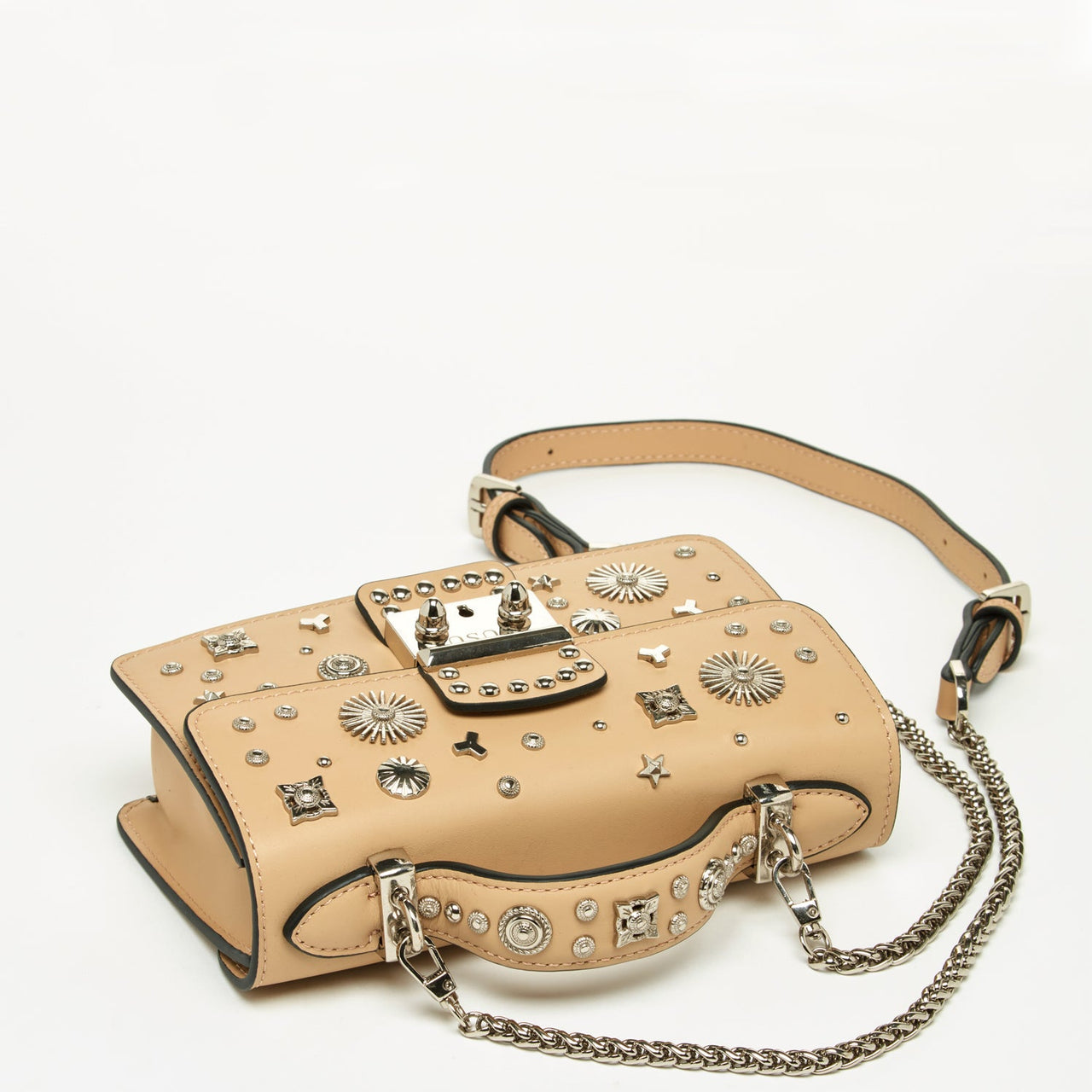 The Hollywood Leather Crossbody Studded Bag Beige -