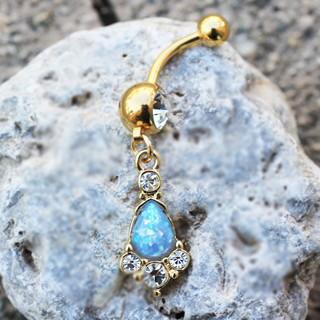 Gold Light Blue Tear Drop Synthetic Opal Dangle Navel Ring -