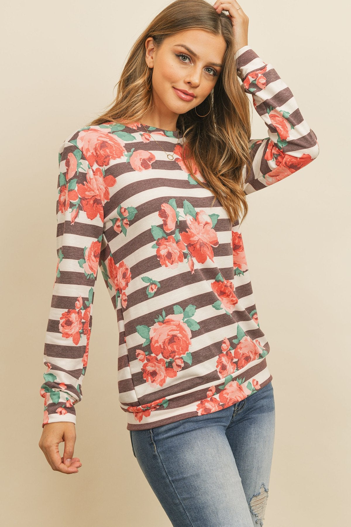 Riah Fashion - Round Neck Floral Striped Pullover - 1 COLOR -