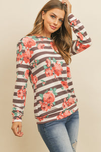 Thumbnail for Riah Fashion - Round Neck Floral Striped Pullover - 1 COLOR -