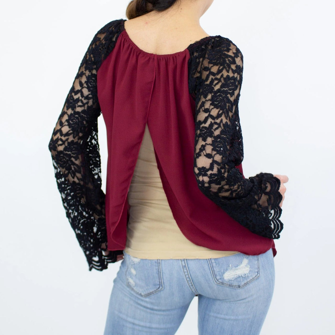 Stylespect - Lace Sleeve Backless Top - Burgundy - 1 COLOR -