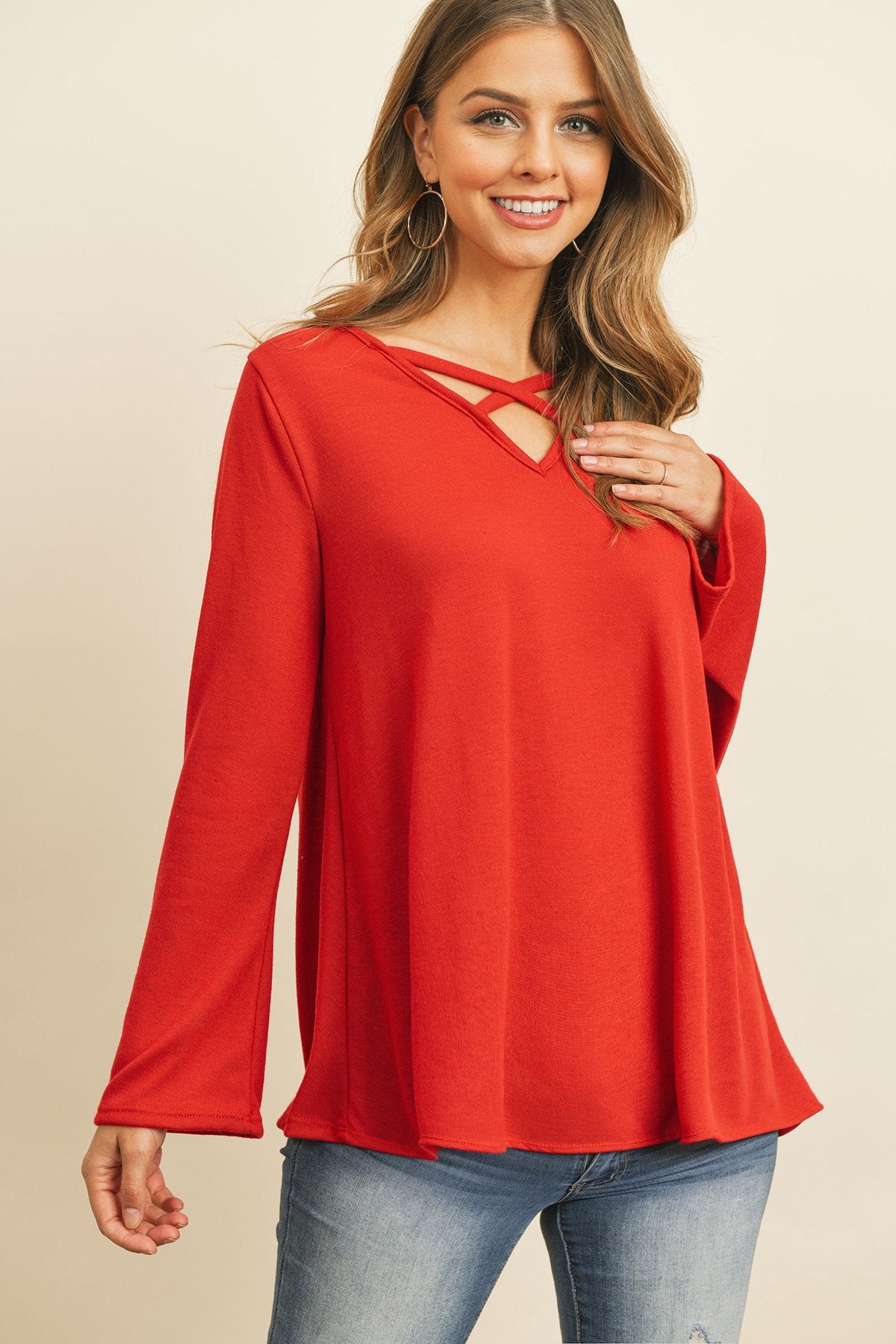 Criss Cross Neck Long Sleeve Hacci Top - 5 COLORS -