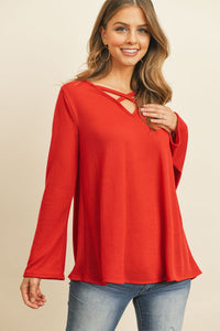 Thumbnail for Criss Cross Neck Long Sleeve Hacci Top - 5 COLORS -