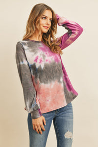 Thumbnail for Riah Fashion - Long Sleeve Boat Neck Tie Dye Round Hem Top - 3 COLORS -