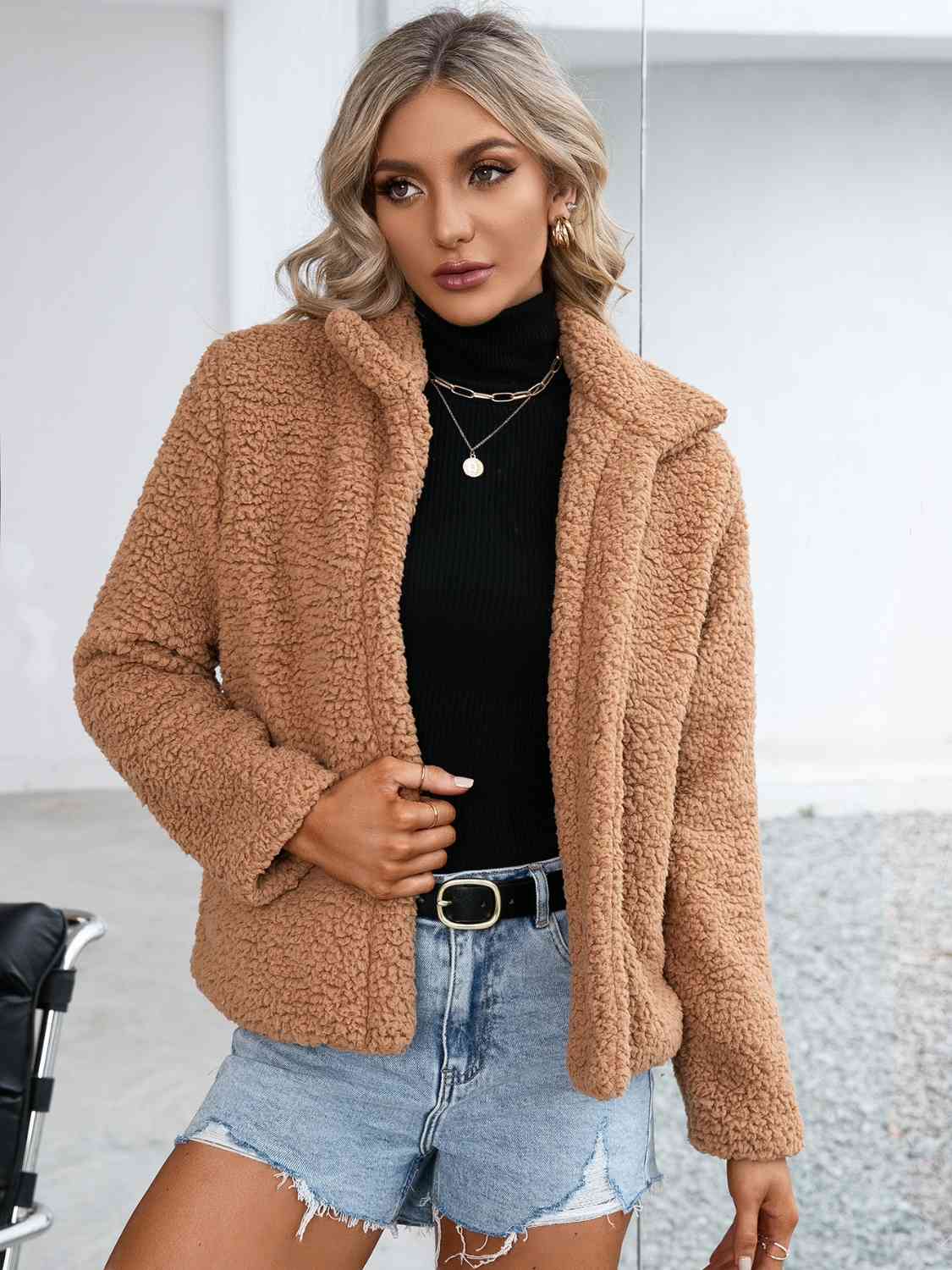 Collared Neck Open Front Faux Fur Jacket - T - 1 COLOR -