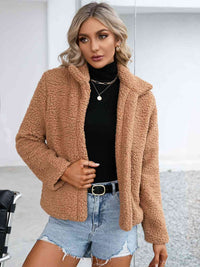 Thumbnail for Collared Neck Open Front Faux Fur Jacket - T - 1 COLOR -