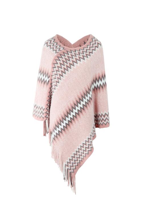 Fringe Hem Striped Cape Sleeve Poncho - T - 5 COLORS -