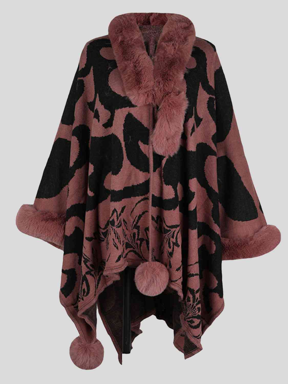 Faux Fur Trim Poncho - T - 5 COLORS -