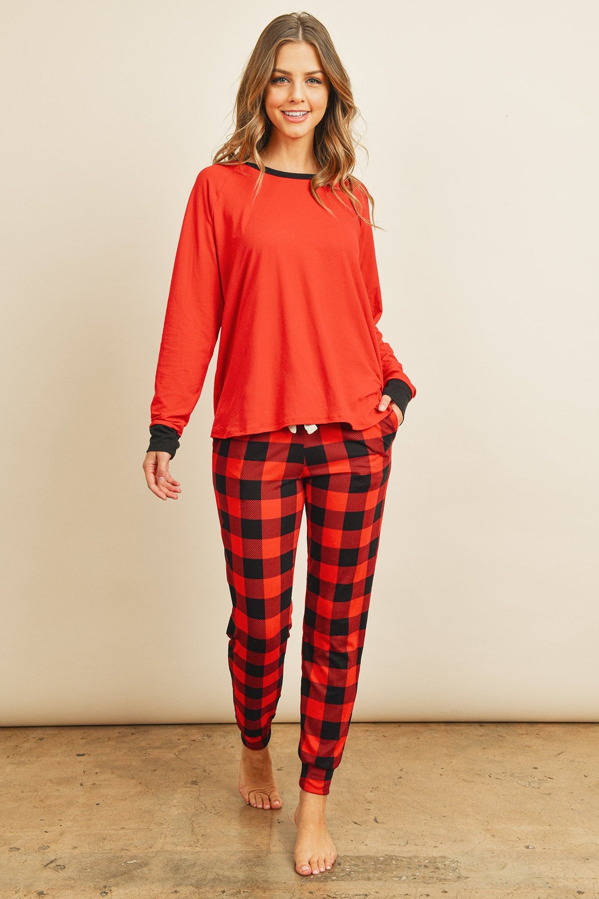 Riah Fashion - Solid Top and Plaid Joggers Set With Self Tie - 2 PCS. - 1 COLOR -