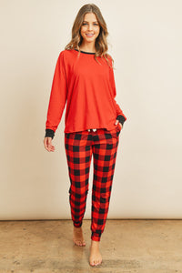 Thumbnail for Riah Fashion - Solid Top and Plaid Joggers Set With Self Tie - 2 PCS. - 1 COLOR -