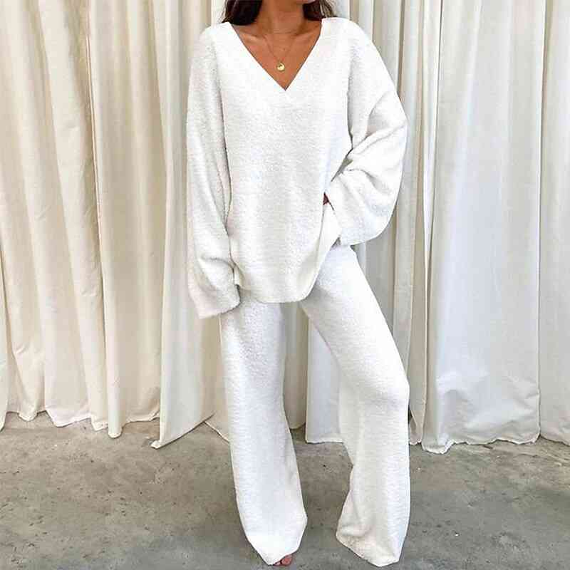 V-Neck Long Sleeve Top and Long Pants Set - 2 PCS. - T - 5 COLORS -