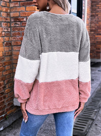 Thumbnail for Color Block Round Neck Teddy Sweatshirt - T - 1 COLOR -