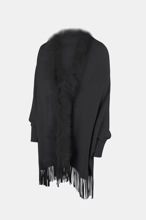 Fringe Open Front Long Sleeve Poncho - 1 SIZE - T - 6 COLORS -