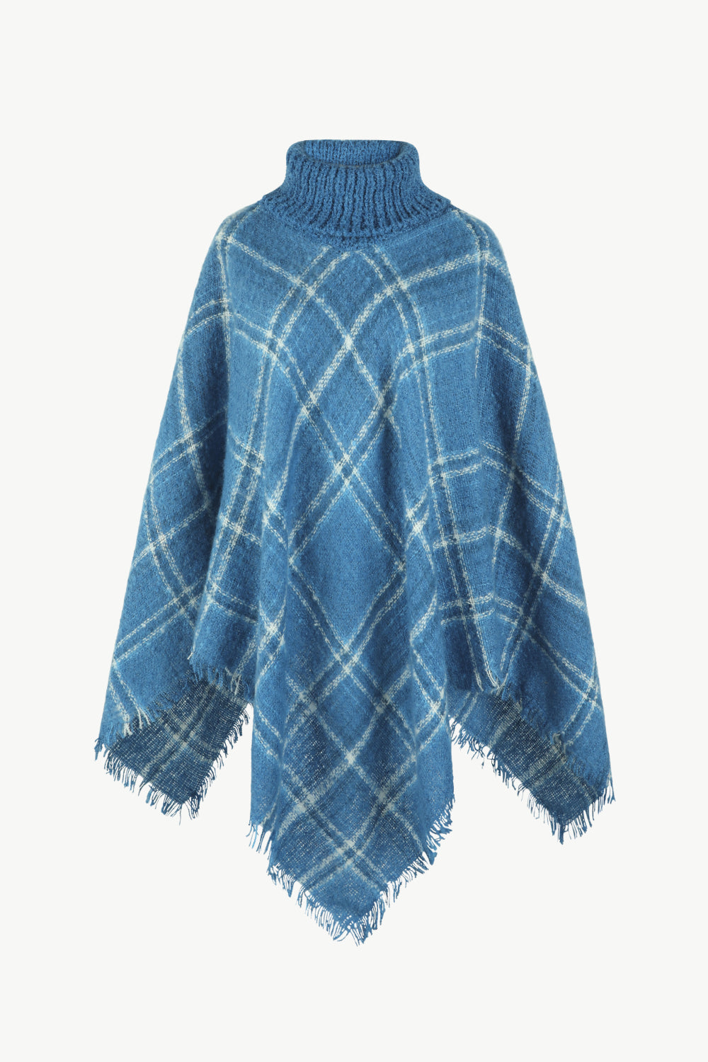 Plaid Turtleneck Fringe Hem Poncho - T - 6 COLORS -