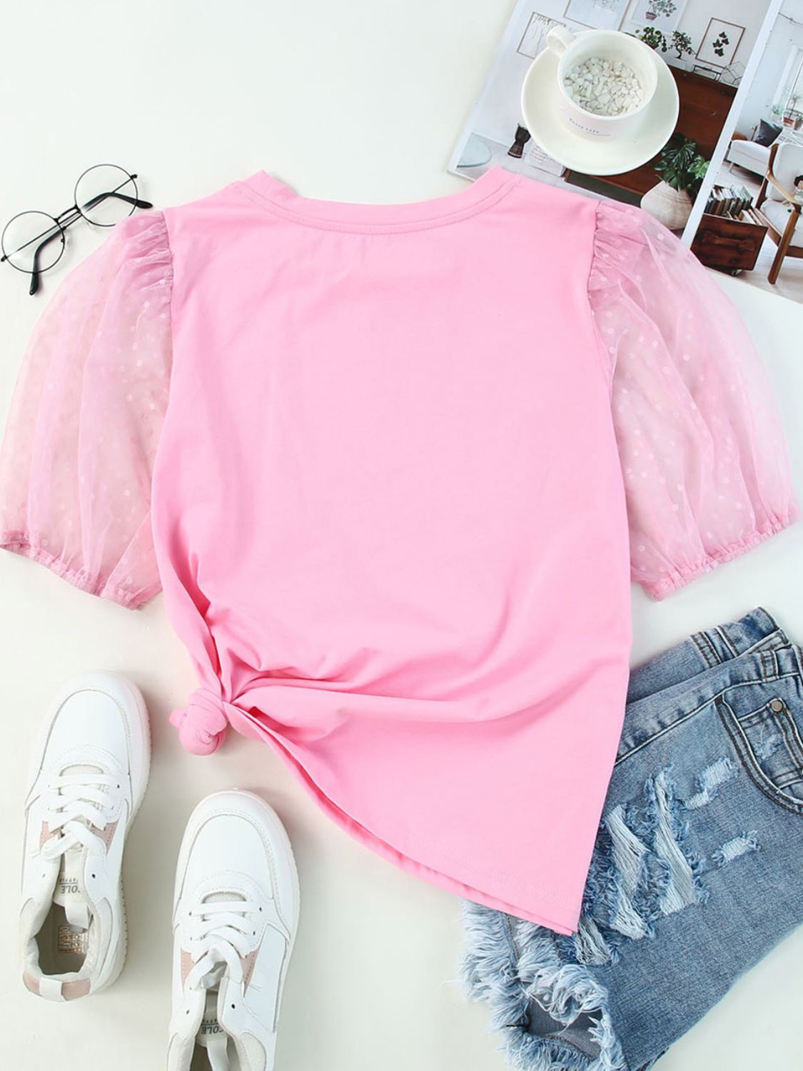 Pink Ribbon/Bow Round Neck Short Sleeve Top - T - 1 COLOR -