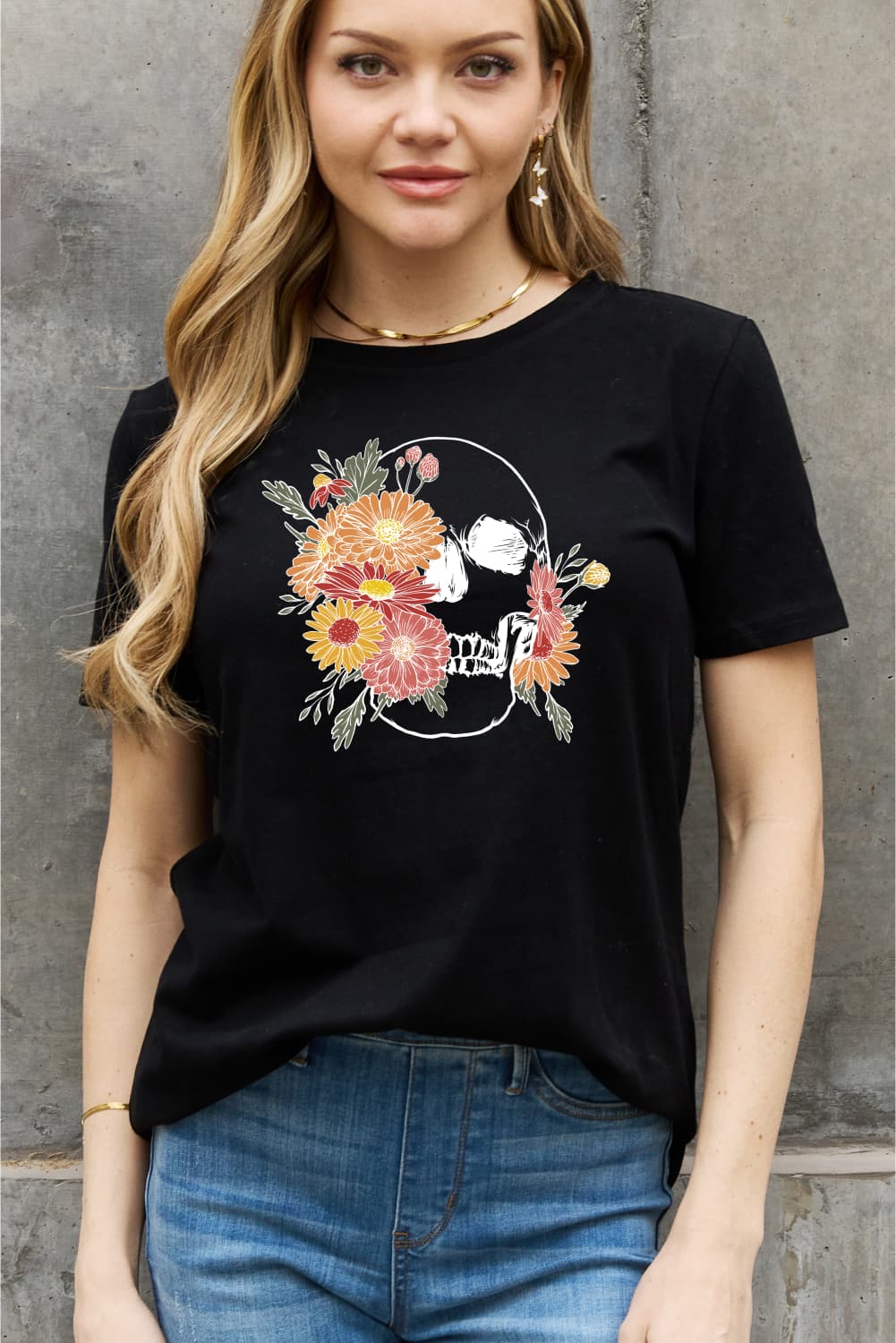 Simply Love Full Size Flower Skull Graphic Cotton Tee - T - 2 COLORS -