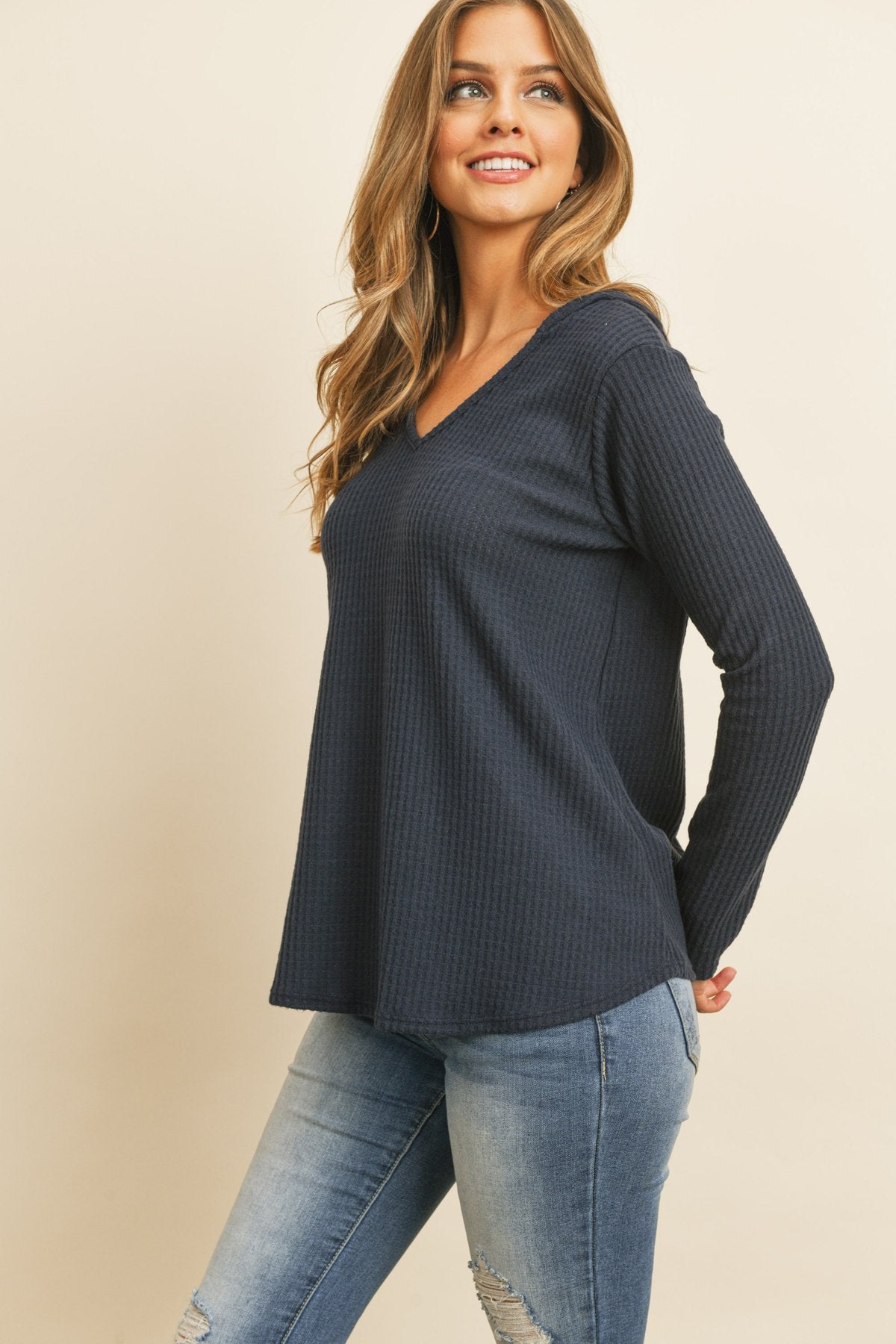 Riah Fashion - V-Neck Long Sleeved Waffle Top - 7 COLORS -