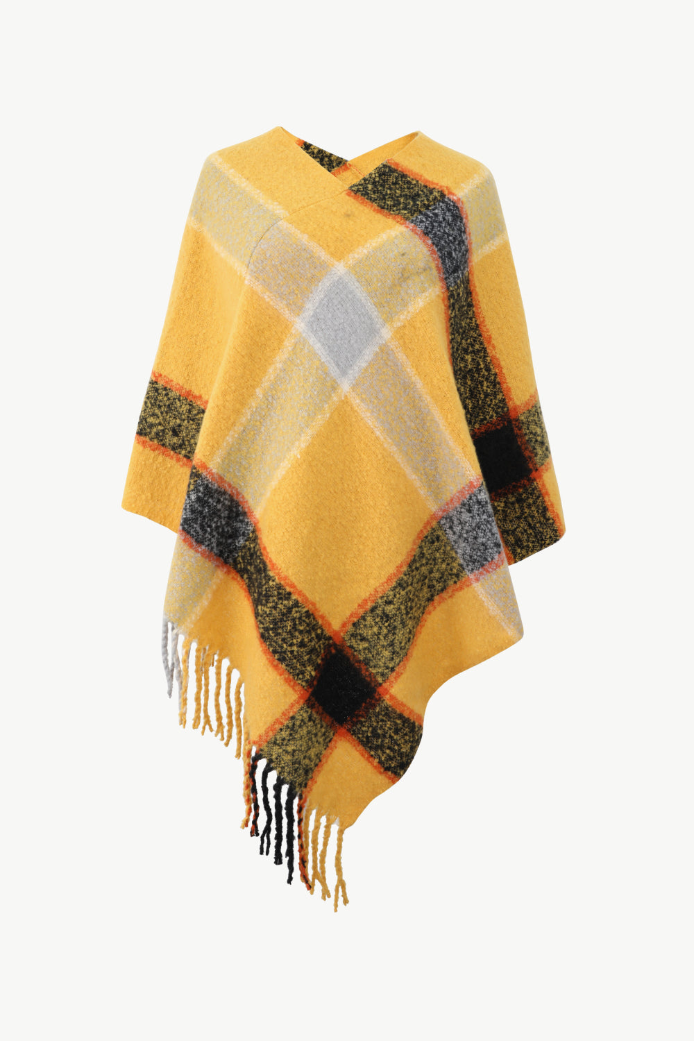 Plaid Fringe Detail Poncho - T - 7 COLORS -