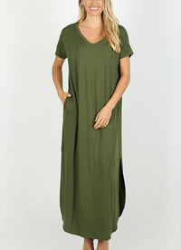 Thumbnail for Riah Fashion - Short Sleeved Side Slit Oversized V-Neck Pocket Maxi Dress - 11 COLORS