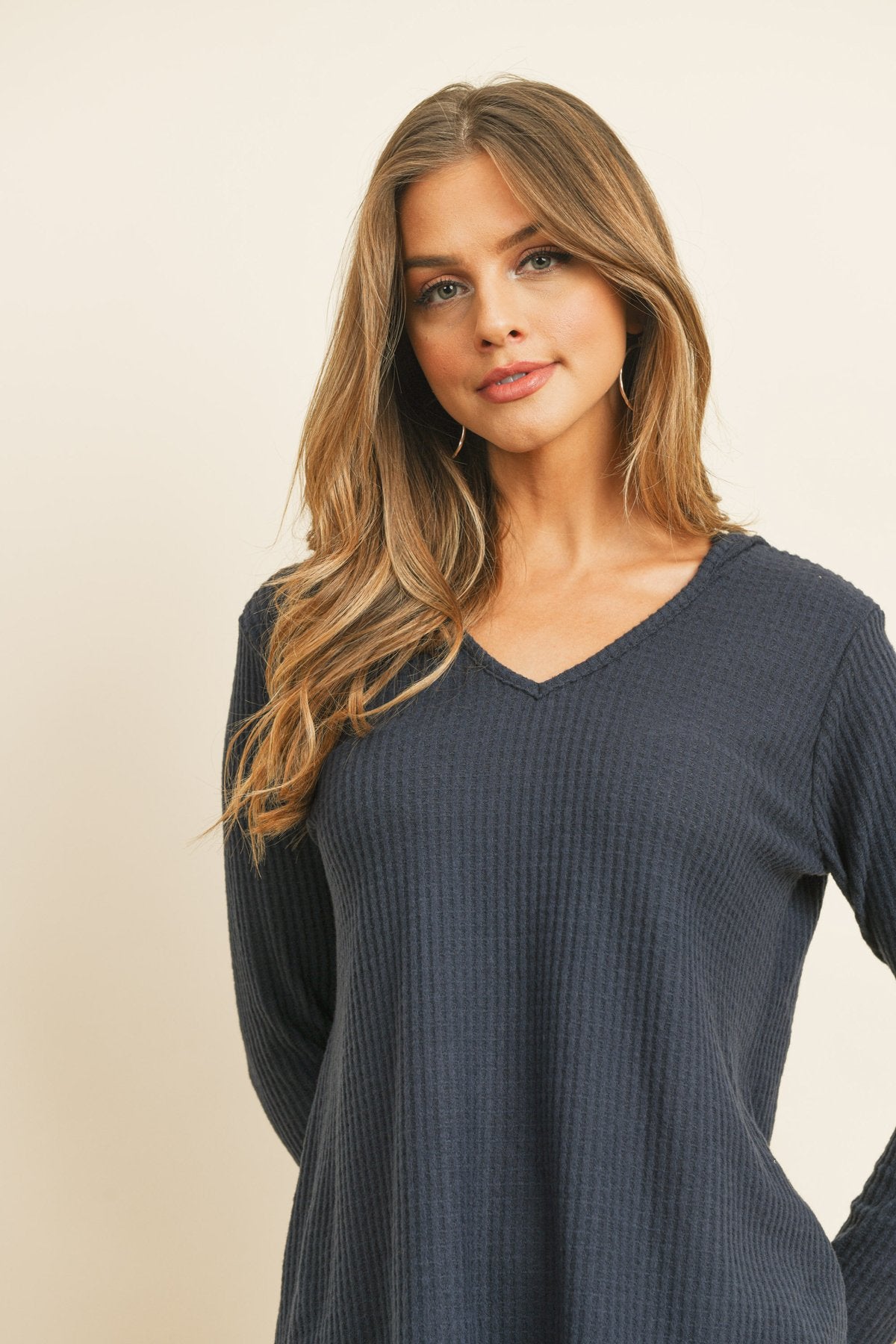 Riah Fashion - V-Neck Long Sleeved Waffle Top - 7 COLORS -