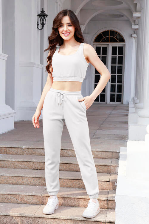 Waffle-Knit Cropped Tank and Drawstring Pants Set - 2 PCS. - T - 4 COLORS -